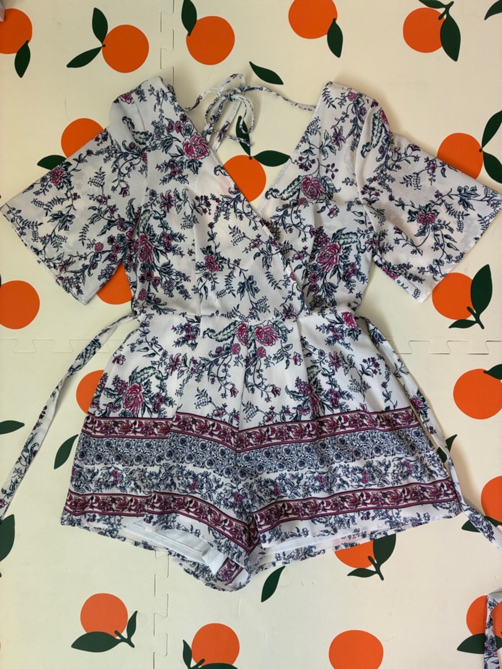 miami White Floral Wrap Romper with Pink & Navy Print